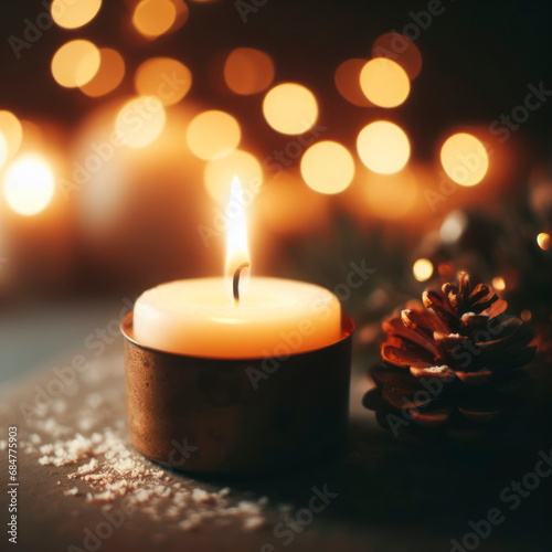 Close up of burning candle on the table with blurred light background. ai generative
