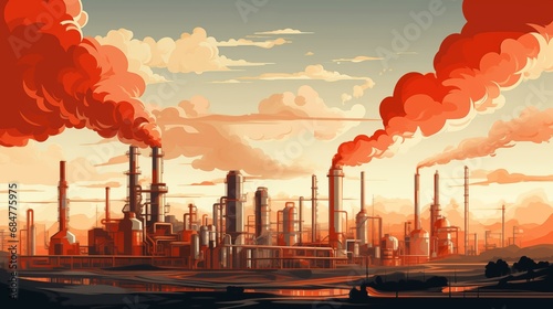 Industrial landscape with factories and smoking chimneys at sunset