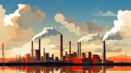 Industrial landscape with factories and smoking chimneys at sunset
