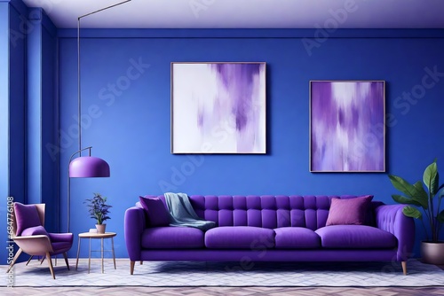 Modern interior design, in a spacious room, a blue wall, Bright, spacious room, with a comfortable sofa, purple color.