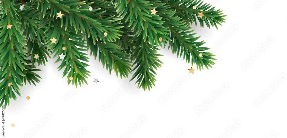 Christmas tree corner decoration on transparent background, vector illustration. Holiday fir tree frame, festive Christmas border. Winter season realistic spruce branch with golden confetti.