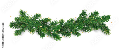 Christmas tree garland on transparent background. Holiday fir tree decoration, festive Christmas divider. Winter season frame, realistic spruce branch with golden confetti. Vector.