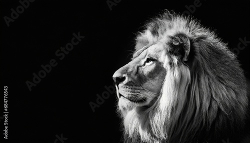 african lion profile portrait on black background spectacular dramatic king of animals proud dreaming panthera leo looking forward low key photo with copy space toned in black and white colors