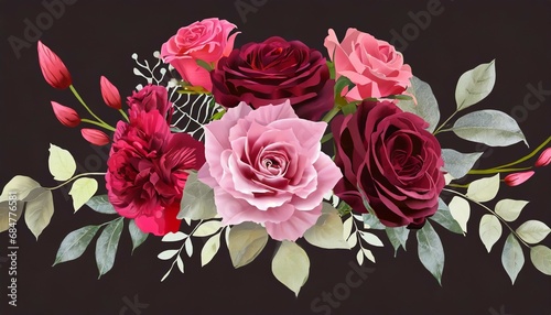 rose bouquet with leaves border in pink and dark red 6 flowers arrangement for wedding anniversary graphic element decoration clip art