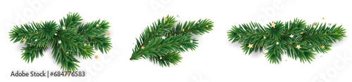 Christmas tree branches on transparent background, vector illustration. Holiday fir tree divider decoration. Winter season borders, realistic spruce twigs with golden confetti. 