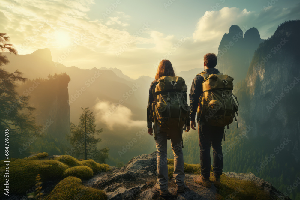 A couple hikers enjoy the dramatic view of the sunrise over a sea of clouds and mountains on a holiday. Concept suitable for mountain climbing, hiking and inspiration.