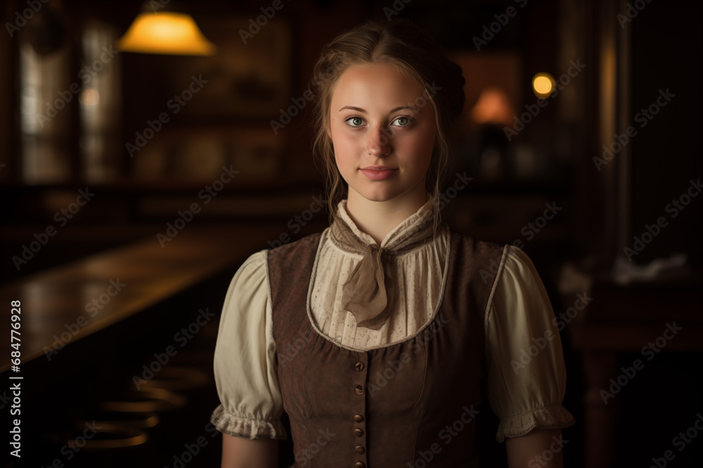 Pretty saloon waitress - wild west era - old west - western - Victorian - hair pulled back in a bun - brown dusty worn uniform - obrazy, fototapety, plakaty 
