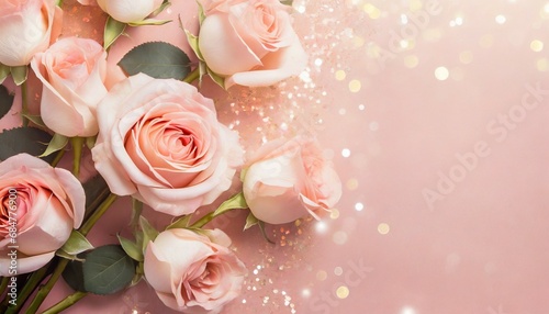 soft roses banner or header design background in light pink tone with glitters and copy space