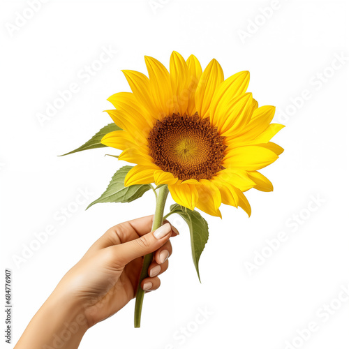 Female hand holding a sunflower on white background, Generative AI