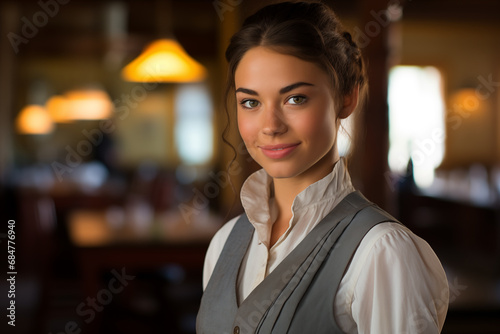Pretty saloon waitress - wild west era - old west - western - Victorian - smiling - happy - gray vest and white shirt - hair pulled back in a neat bun photo