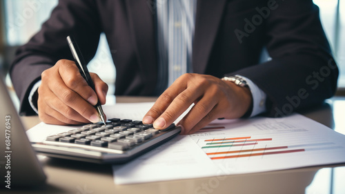 close - up view of businessman using calculator while working in office photo