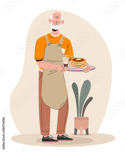 Elderly man cooking. Senior with plate of pancakes. Traditional and healthy morning breakfast. Pensioner with tasty food with syrup. Household routine. Cartoon flat vector illustration