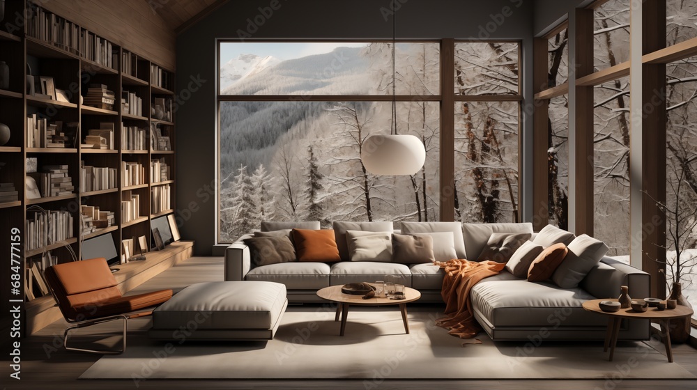 Spacious living room with big windows, book shelves, sofa, table and plants. Panoramic windows. Alpine villa - obrazy, fototapety, plakaty 