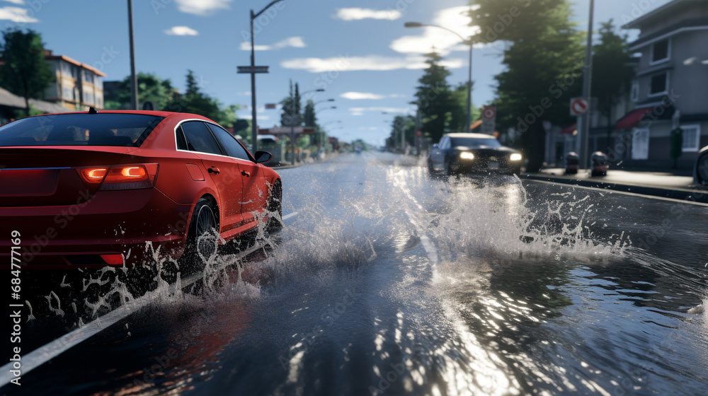 Car passing through a flooded road. Driving car on flooded road during flood caused by torrential rains. Flooded city road with a large puddle. Splash by car through flood water. Selective focus. Car passing through a flooded road. Driving car on flooded road during flood caused by torrential rains. Flooded city road with a large puddle. Splash by car through flood water. Selective focus.