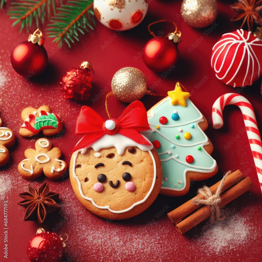 Cookie, sweet, gingerbread, candy cane, biscuit and other Christmas, Xmas ornaments decoration on red background.