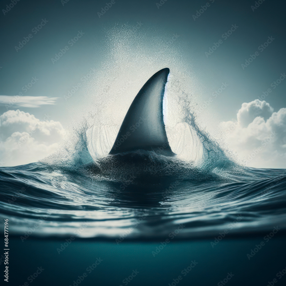 Fototapeta premium Shark fin above ocean water closeup. ai generative
