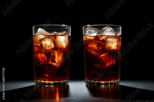 Two Glasses of iced coffee or cola isolated on black background.