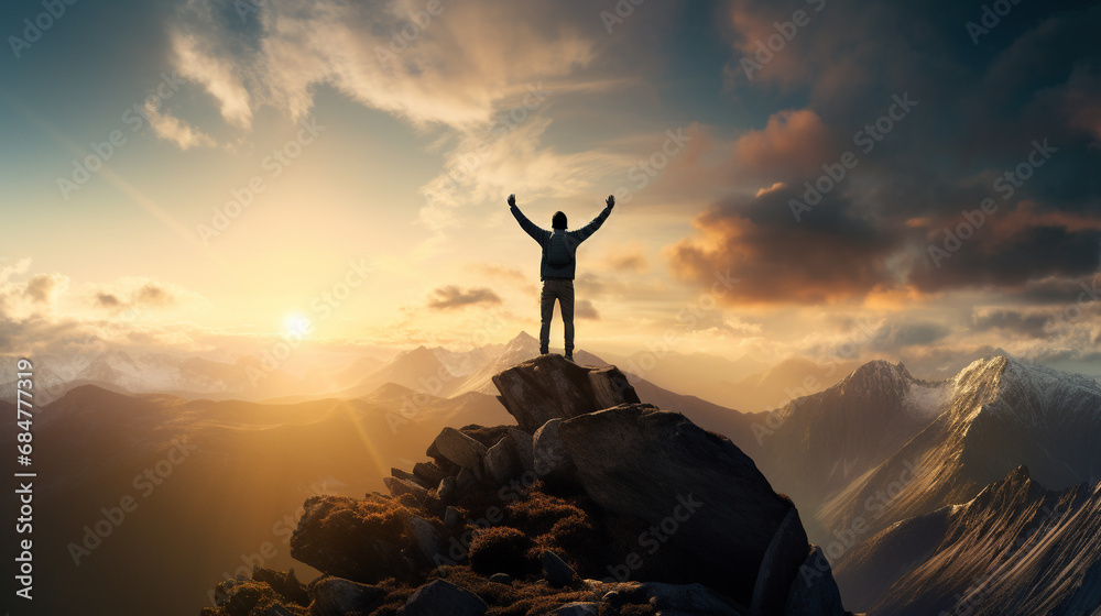 Happy success winning man on summit arms up at sunset - obrazy, fototapety, plakaty 