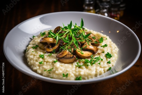 A bowl of creamy mushroom risotto garnished with fresh herbs.