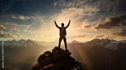 Happy success winning man on summit arms up at sunset © © Raymond Orton