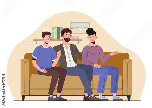 Family sitting on sofa concept. Man and woman with bot rest at home. Parents with kid watch television. Entertainment and leisure. Cartoon flat vector illustration isolated on white background