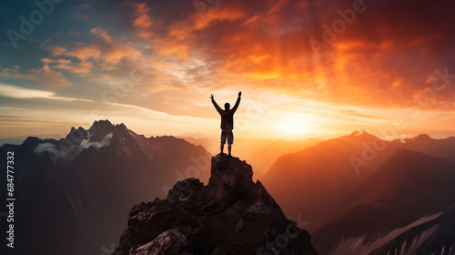 Happy success winning man on summit arms up at sunset