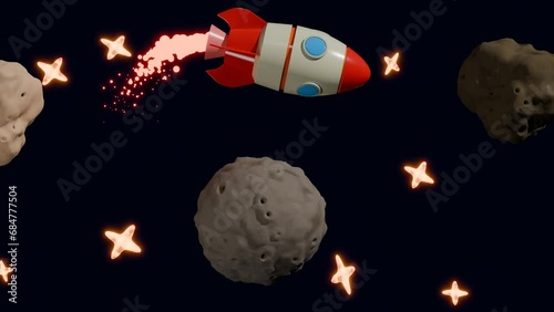 Loop 3d animation of a rocket in space against the background of stars. The rocket flies around planets and asteroids. Non-stop flight. Colonization of the universe. photo