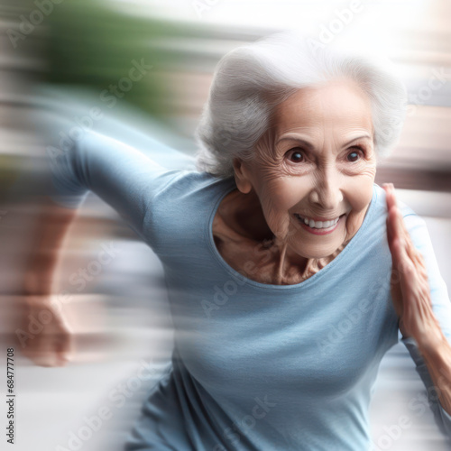 Elderly woman running fast with motion blur effect. ai generative