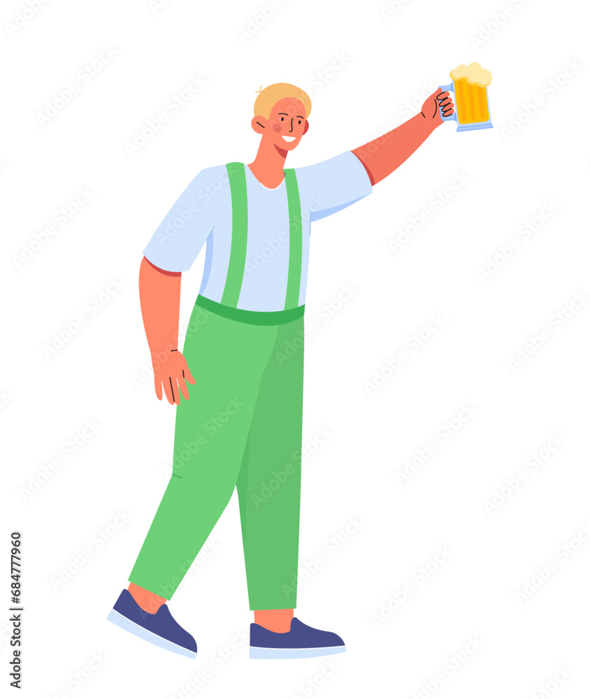 Person in german traditional clothes. Man with glass of bear. People celebrate Oktoberfest. Culture of Germany. Template and layout. Cartoon flat vector illustration isolated on white background