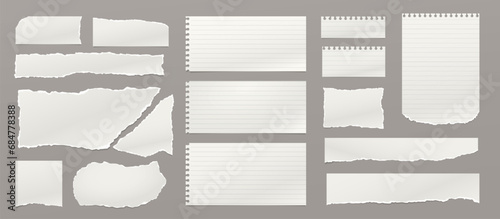 Set of torn, ripped paper strips, lined notebook paper with hard shadow are on dark grey background for text. photo