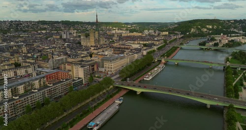 Rouen, France, Aerial view of the city panorama of Rouen at sunset. Old tourist town on the river Seine bank in France photo