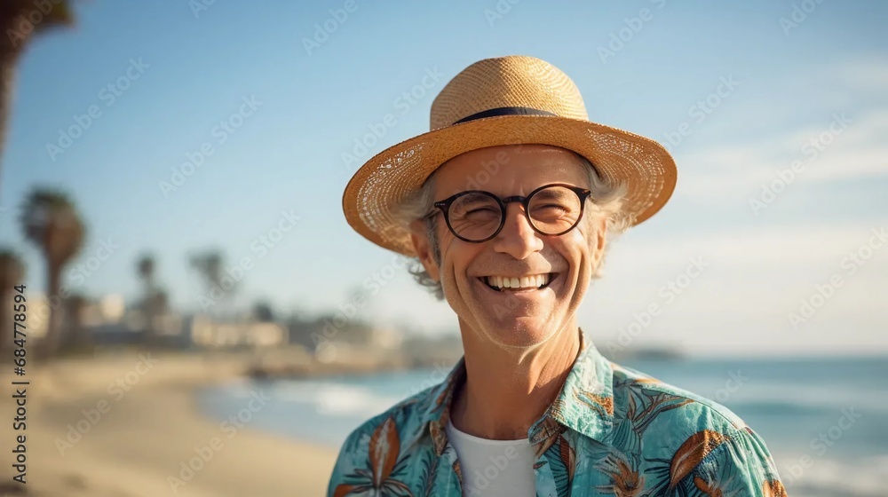 Portrait of a happy senior on vacation, senior man wearing glasses and hat, retiree exploring the world