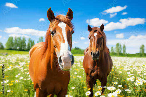 Two horses in spring in the field