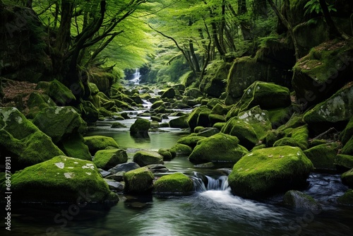 A crystal-clear stream flowing through a dense forest, with moss-covered rocks lining its banks.