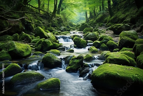 A crystal-clear stream flowing through a dense forest  with moss-covered rocks lining its banks.