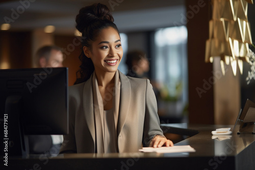 Female receptionist working in hotel photo