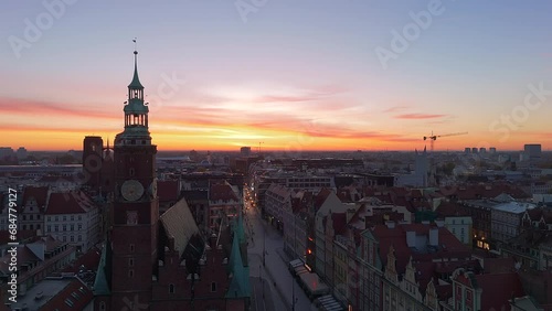 Scenic Aerial View Sunrise or Sunset at Wroclaw Old Town city hall