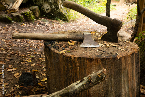 Ax for chopping wood. Axe in stump for cutting timber.