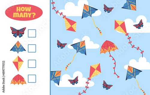 How many items game. Sky with clouds and colorful kites. Intellectual puzzle and riddle for preschoolers, boys and girls. Eductaion and training, learning. Cartoon flat vector illustration