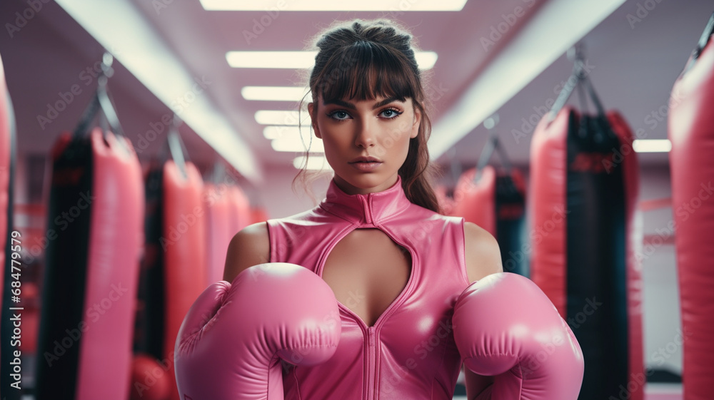 young female boxer wearing pink boxing gloves