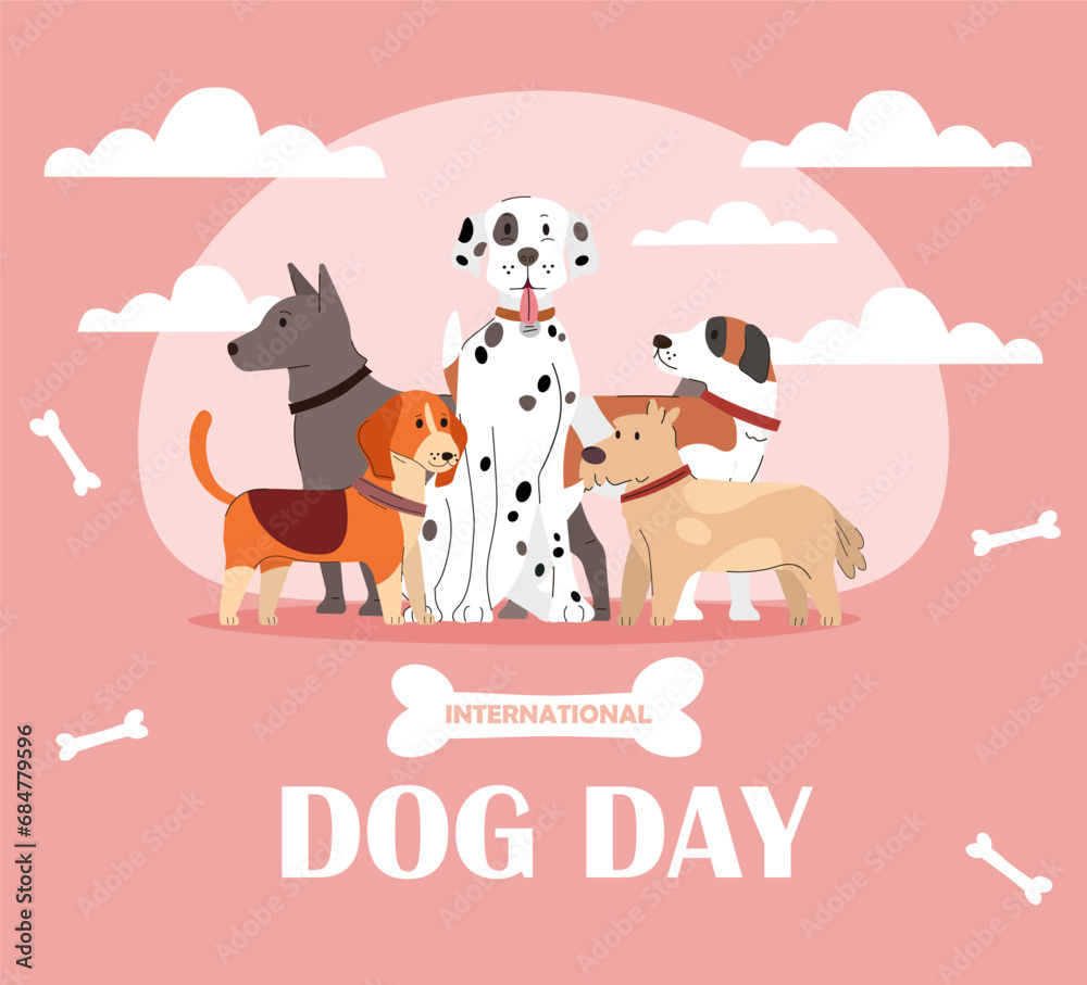 Obraz premium International Dog Day poster. Holiday and festival 26 August. Care about domestic animals and pets. Different breeds of puppies. Cover or banner. Cartoon flat vector illustration