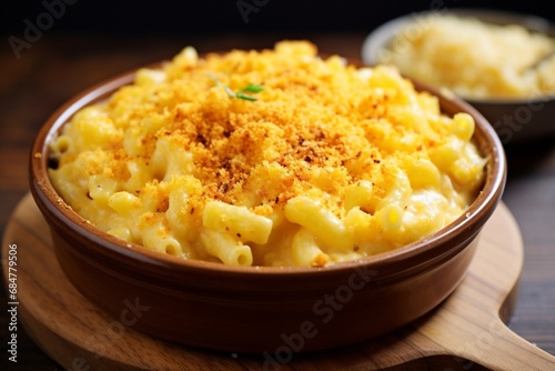 A delicious bowl of creamy macaroni and cheese with a golden breadcrumb topping.