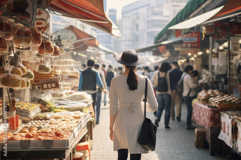 Rear view of a young woman traveler walking the market