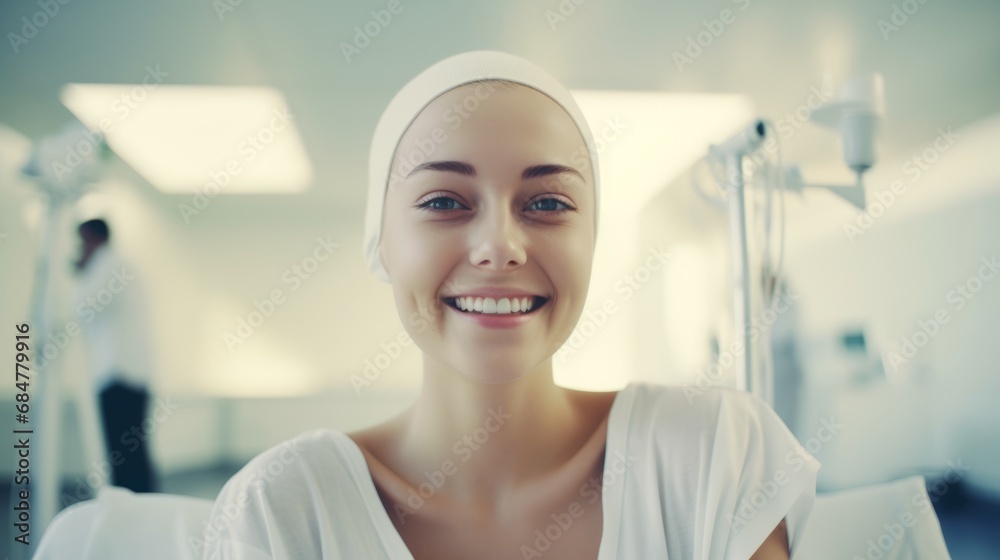Bold young woman cancer patient smiling at hospital Bold young woman cancer patient smiling at hospital