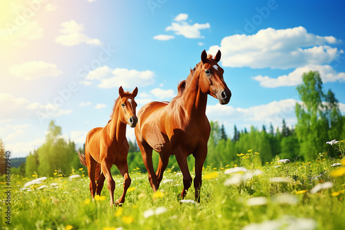 Two horses in spring in the field