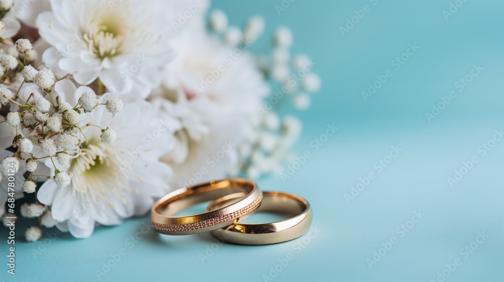 A blue pastel background is used for the wedding rings and flower decorations. A blue pastel background is used for the wedding rings and flower decorations.