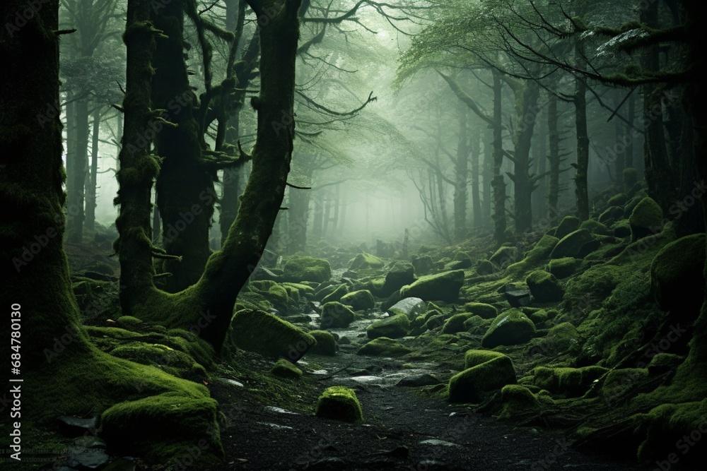 A dense and mysterious fog settling over an ancient, moss-covered forest, shrouding it in soft light.
