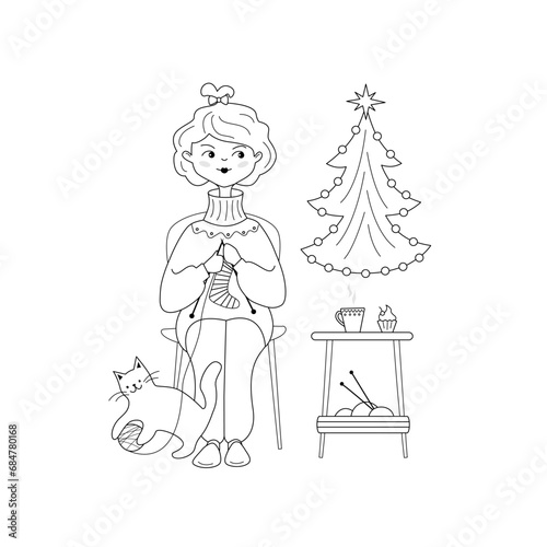 Girl is sitting on the chair and knitting the socks. Cat is playing with a skein of yarn. Vector illustration in line art style.