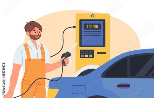 Man refuels car concept. Fuel for transport with gasoline. Worker in uniform at gas station. Travel and trip. Poster or banner. Cartoon flat vector illustration isolated on white background