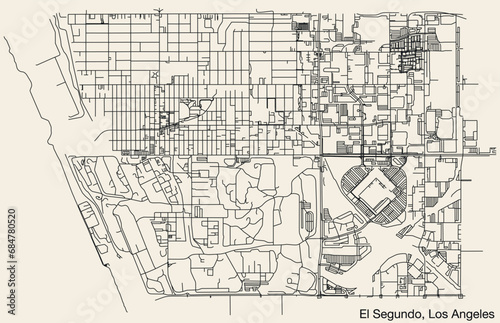 Detailed hand-drawn navigational urban street roads map of the CITY OF EL SEGUNDO of the American LOS ANGELES CITY COUNCIL, UNITED STATES with vivid road lines and name tag on solid background